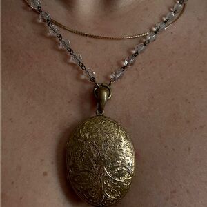 c1890s Victorian Etruscan Revival Large Scale Locket with Czech Glass Beads